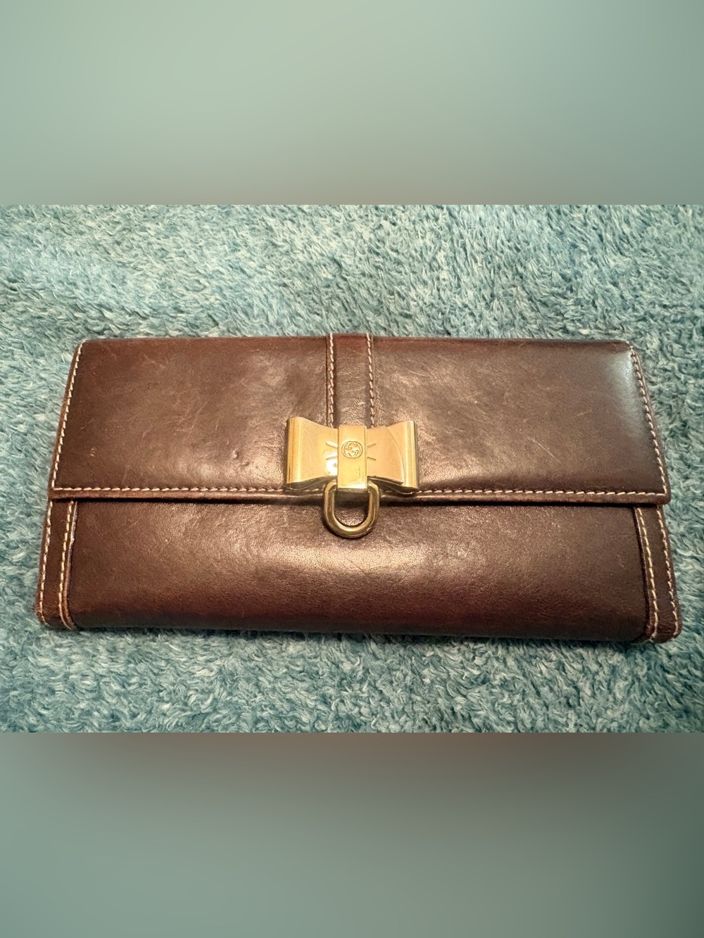 Gucci Brown Leather Continental Wallet Gold Bow GG Clasp Made in Italy